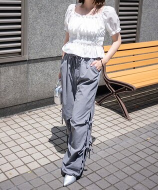 WEGO 【ウエストゴム】サイドリボンパラシュートパンツ グレー