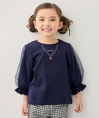 ANY KIDS チュール袖 七分Tシャツ ネイビー