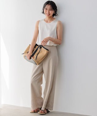 23区 L 【洗える】リネンエンブロイダリー ワイドパンツ ベージュ系