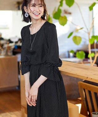 Tiaclasse 【洗える】女性らしさ引き立つリボン袖ギャザーワンピース ドット
