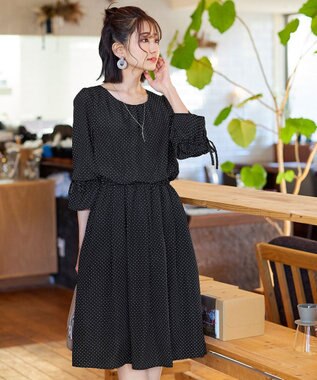 Tiaclasse 【洗える】女性らしさ引き立つリボン袖ギャザーワンピース ドット