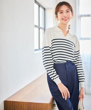 ANY SIS 【洗える】スキッパーポロ襟プルオーバー ニット オフ×ネイビー