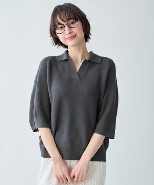 ANY L アクリルガーターポロ衿ニット スレート