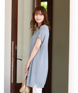 Tiaclasse L 【洗える】さらりと肌離れの良いフレンチスリーブニットチュニック サックス