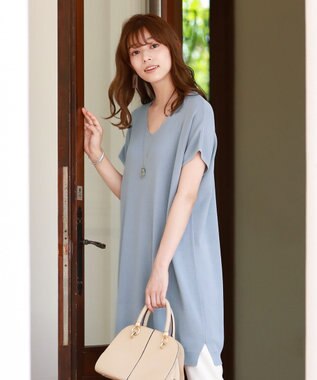 Tiaclasse L 【洗える】さらりと肌離れの良いフレンチスリーブニットチュニック サックス