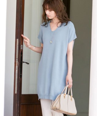 Tiaclasse L 【洗える】さらりと肌離れの良いフレンチスリーブニットチュニック サックス