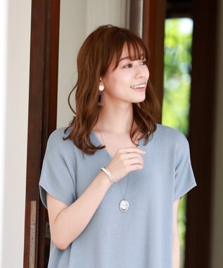 Tiaclasse L 【洗える】さらりと肌離れの良いフレンチスリーブニットチュニック サックス