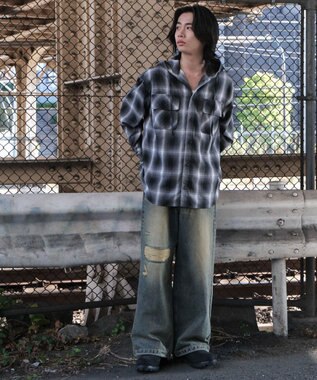 WEGO オンブレチェックフードシャツ（LS） ブラックチェック1