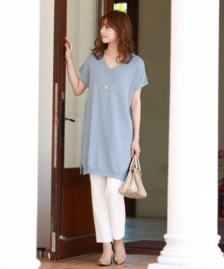 Tiaclasse L 【洗える】さらりと肌離れの良いフレンチスリーブニットチュニック サックス