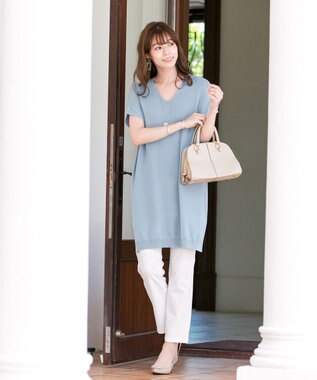 Tiaclasse L 【洗える】さらりと肌離れの良いフレンチスリーブニットチュニック サックス