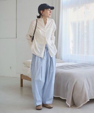 WEGO 着丈が選べる オーバーサイズ バンドカラー シャツ / ストライプ / 無地 オフホワイト