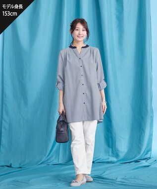 Tiaclasse 【洗える】クレリックシャツチュニックブラウス サックス×ネイビー