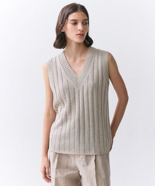 BEIGE， OPTICAL /  ペーパーヤーン Vネックリブニット Flax
