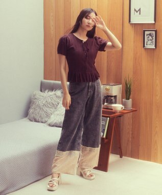 earth music&ecology 裾レースデニムパンツ Black