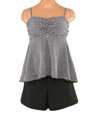 San-ai Resort（三愛水着楽園） WEB限定　ペプラム無地/チェック3点セット水着【Beach Queen（ビーチクイーン）】 ホワイト（チェック）