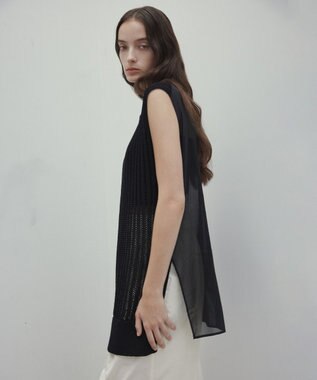 BEIGE， 【洗える】ALOE / コットンメッシュオーガンジーノースリーブニット Black