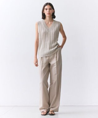 BEIGE， OPTICAL /  ペーパーヤーン Vネックリブニット Flax