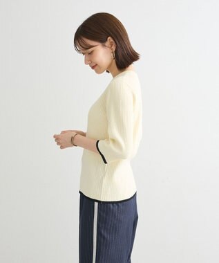 Green Parks ＢＰ　袖口カラーリブ７分袖ニットプルオーバー Off White