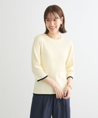 Green Parks ＢＰ　袖口カラーリブ７分袖ニットプルオーバー Off White