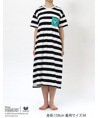 WACOAL ワコール_リラックス＆スリープ ネグリジェ 4分袖 綿100%(本体) PEANUTS スヌーピー ロング丈(ふくらはぎ付近) レディース FNT156 /ワコール ブラック