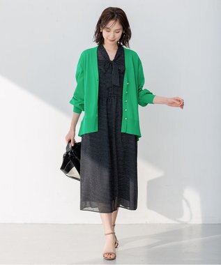 組曲 【ビジューボタン・アンサンブル対応】ハイゲージ ロングVネックカーディガン ダークグリーン系