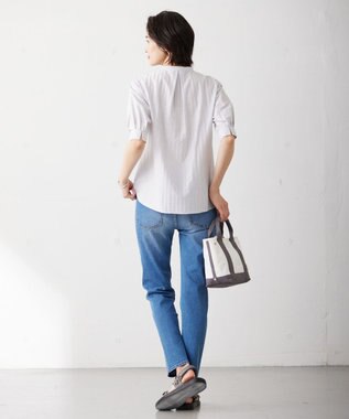 J.PRESS LADIES S 【イージーケア】ストライプジャージー バンドカラー カットソー ライトグレー系1