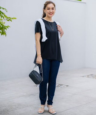 23区 L 【Lサイズ限定/洗える】スカーフプリントコンビ バックフレア カットソー ブラック×ベージュ