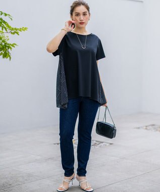 23区 L 【Lサイズ限定/洗える】スカーフプリントコンビ バックフレア カットソー ブラック×ベージュ