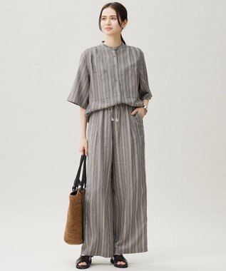 自由区 S 【カタログ掲載・セットアップ対応・洗える】リネンビスコースストライプ シャツ セピア系