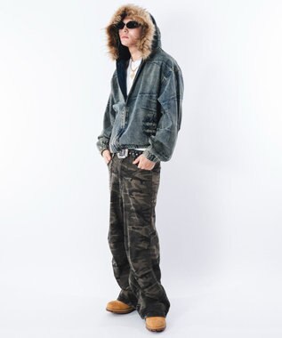 WEGO 【ユニセックス着用ITEM】ファーフードスラッシュデニムブルゾン デニム淡加工色