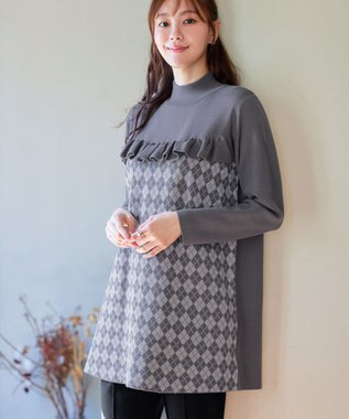 Tiaclasse アーガイルジャガードフリルチュニック チャコールグレー