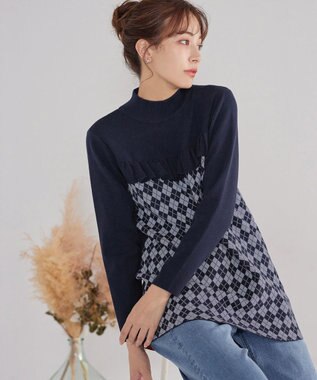 Tiaclasse アーガイルジャガードフリルチュニック ネイビー