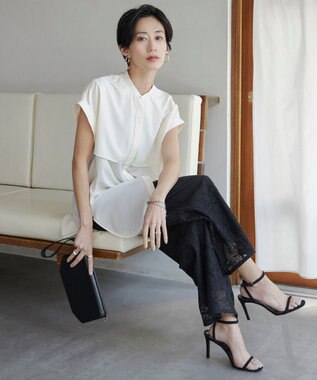 ICB L 【洗える】タイルパターンレース ワイドストレートパンツ ブラック系