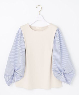 ANY SIS 【洗える】異素材コンビネジリパフ袖 プルオーバー アイボリー×ブルーストライプ