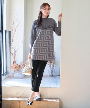 Tiaclasse アーガイルジャガードフリルチュニック チャコールグレー