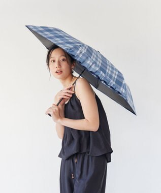 AURORA 【Ungrid（アングリッド）】ワンポイントフリルチェック柄プリント晴雨兼用傘（折りたたみ傘） ブルー