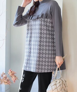 Tiaclasse アーガイルジャガードフリルチュニック チャコールグレー