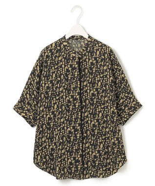 ICB 【新色追加・接触冷感・UVケア・速乾・洗える】BackSatinAmunzen 5分袖バンドカラーブラウス ブラック×クレイベージュ系