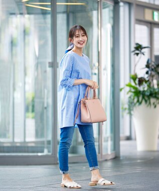 Tiaclasse L 【洗える】リボンスリーブストライプチュニックブラウス サックス×オフストライプ