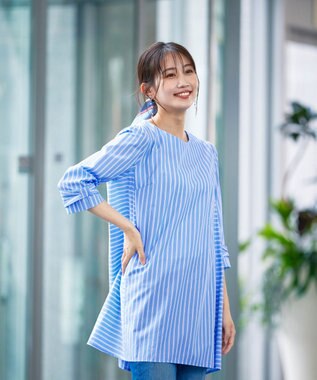 Tiaclasse L 【洗える】リボンスリーブストライプチュニックブラウス サックス×オフストライプ