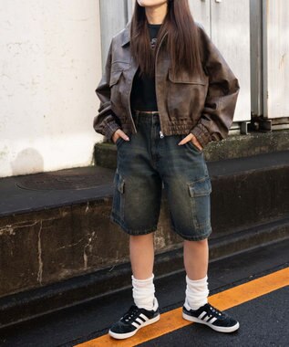 WEGO ヴィンテージウォッシュカーゴハーフパンツ デニム中濃加工色