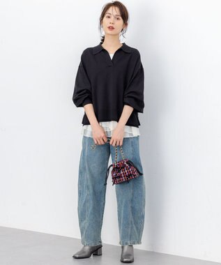 組曲 S 【加藤ローサさん着用】ポロ襟ストレッチニット ブラック系