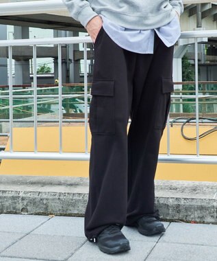 WEGO 【ウエストゴム/MLサイズ展開】ワイドカーゴスウェットパンツ ブラック