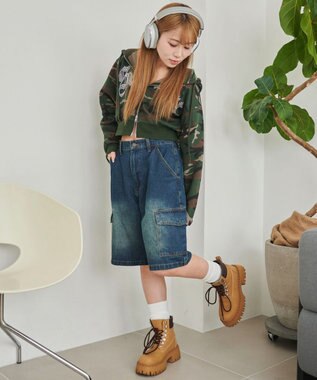 WEGO ヴィンテージウォッシュカーゴハーフパンツ デニム中濃色