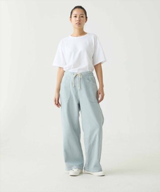 caqu color linen easy wide カラーコットンリネンウエストゴムワイドストレート