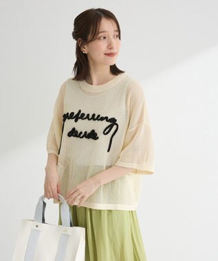 Green Parks テープロゴ透かしニットプルオーバー Ecru