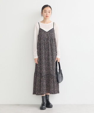 earth music&ecology 切替パイピングフラワーキャミワンピース Black