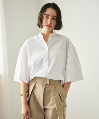 #Newans 【洗濯機可能/シワになりにくい】〈お尻・太ももをカバー〉フレアスリーブイタリアンカラーシャツ ホワイト