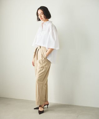 #Newans 【洗濯機可能/シワになりにくい】〈お尻・太ももをカバー〉フレアスリーブイタリアンカラーシャツ ホワイト