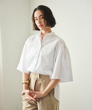 #Newans 【洗濯機可能/シワになりにくい】〈お尻・太ももをカバー〉フレアスリーブイタリアンカラーシャツ ホワイト